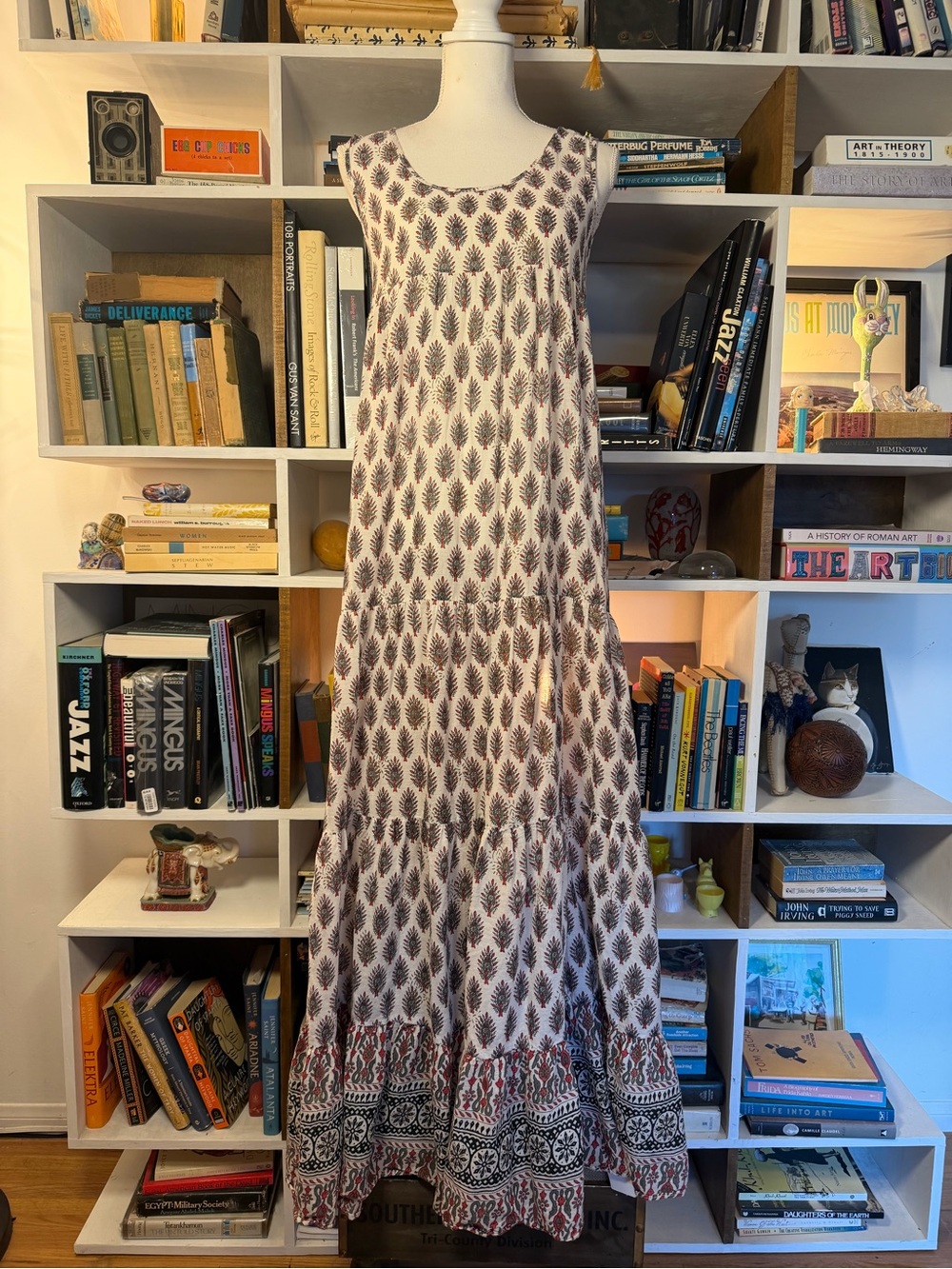 Sleeveless White and Brown Printed Maxi Dress